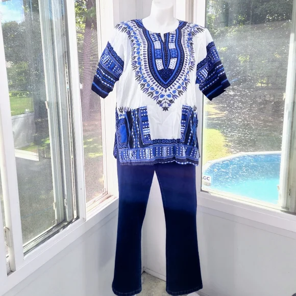 Blue & White Traditional Print Short Sleeve Cotton Dashiki Tunic Shirt Unisex - Picture 14 of 15